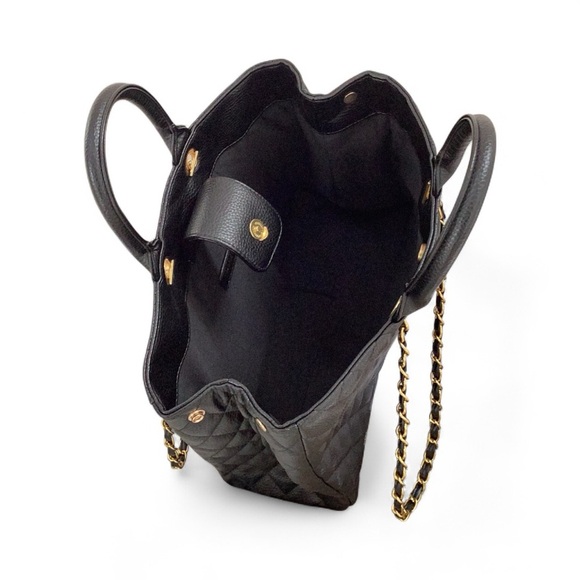 Large New Black Pebbled Leather Quilted Tote Handbag antique gold chain - Picture 4 of 5